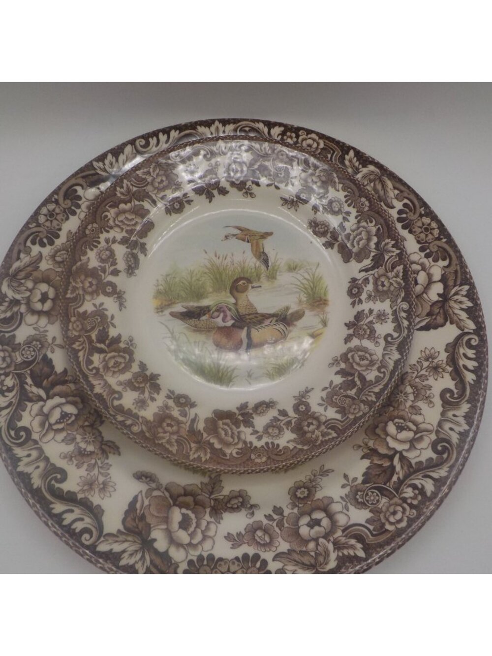 SPODE WOODLAND MALLARD Dinner Plate & Saucer Brown and White Floral Ducks